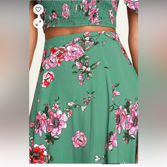 Lulus green pink floral off shoulder crop top skirt two 2 maxi set two piece - Picture 3 of 11